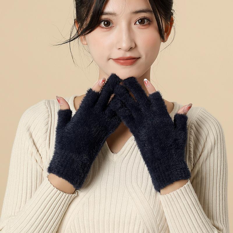 Dew two-finger gloves women's warm autumn and winter wool imitation mink velvet thick half-finger work students writing cold winter