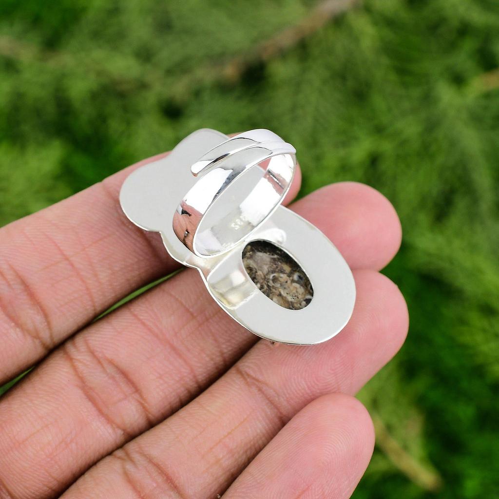 925 Sterling Silver Oval Turritella Agate Stone Statement Flower Ring Jewelry