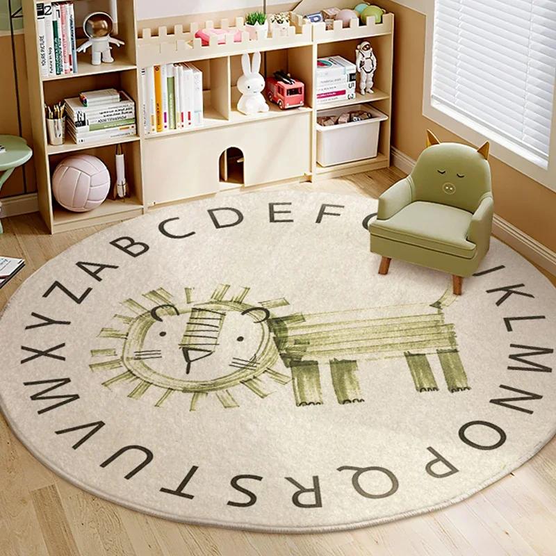 Cartoon Style Bedroom Decor Lion Pattern Carpet Cute Round Carpets for Living Room Thick Plush Bedside Rug Fluffy Soft Floor Mat