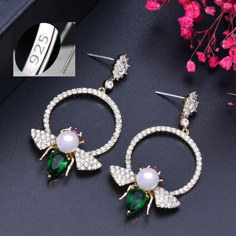 CMM Unique Bee Shape Circle Green Cubic Zirconia Drop Earrings