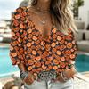 Women's Casual Halloween Print V-Neck Ruffle Trim Tie-Front Top with 3/4 Sleeves