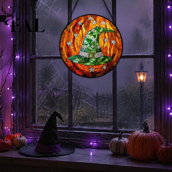 Stained Glass Style Wall Art Halloween Suncatcher Ornament, Vintage Hanging Window Decor with Pumpkin Ghost Bat Witch Festival Atmosphere Gifts