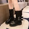 Fashion Retro British Style Mid-leg Boots Women's Spring and Summer New Block Heel Belt Buckle Versatile Single Boots