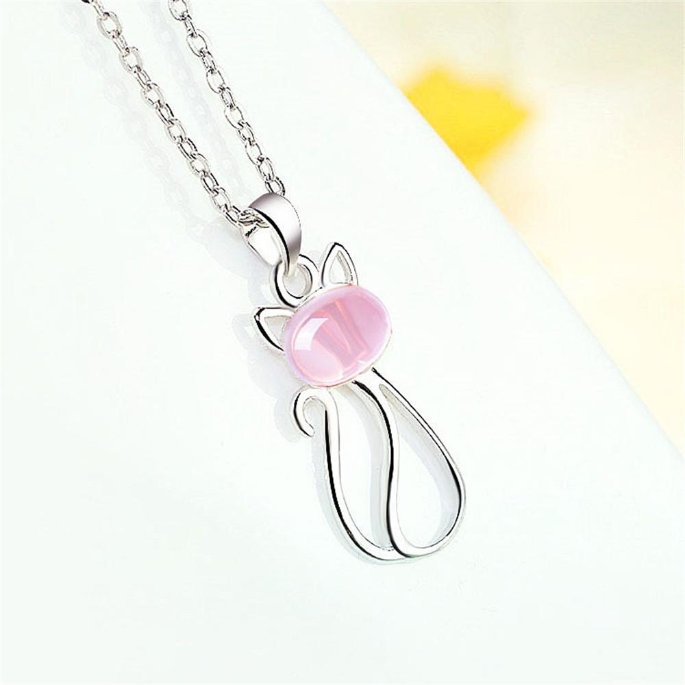 Natural Ice Pink Ross Quartz Cute Cat Crystal Pendant Trendy Gem Necklace for Woman Elegant Cham Girl's Party Gifts Jewelry