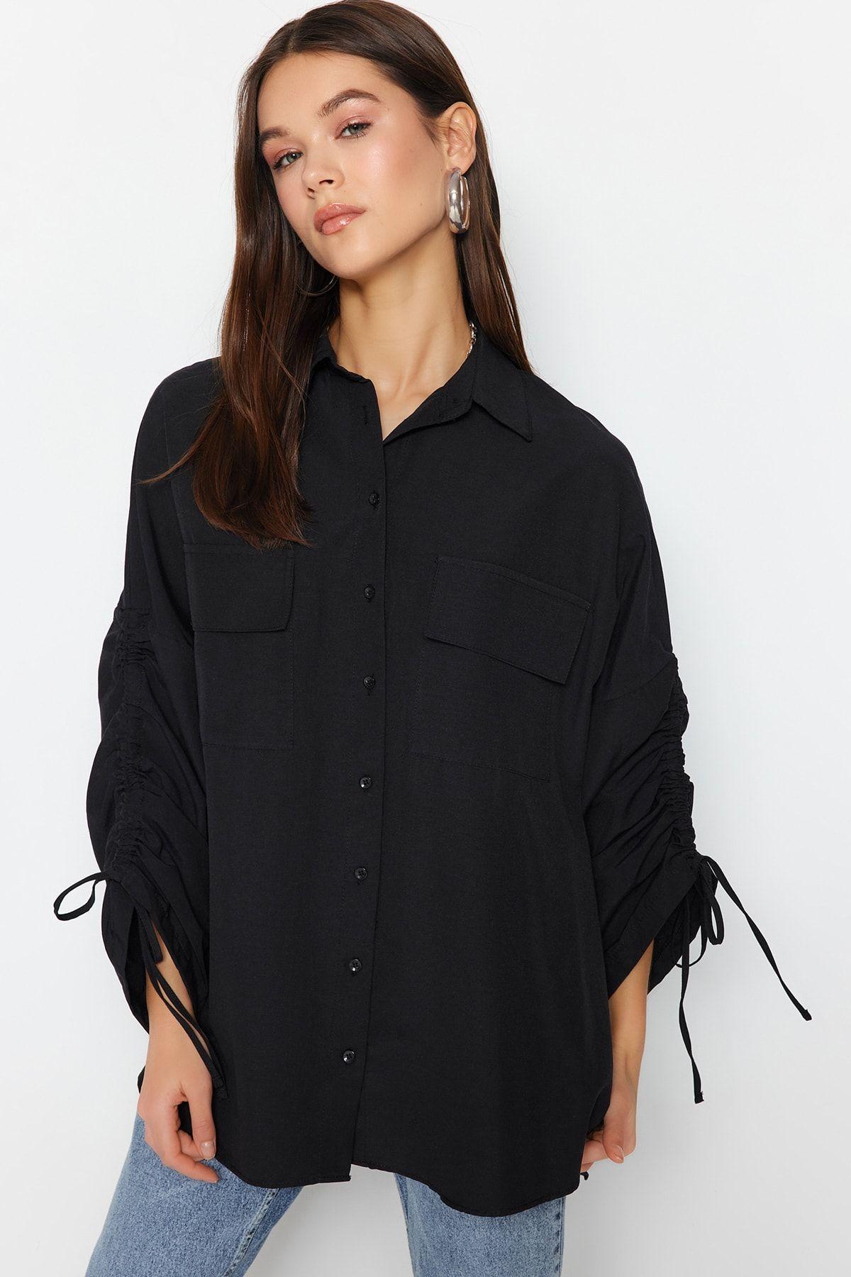 

Women s Fashion Black Woven Cotton Shirt with Adjustable Gathering Detail on Sleeves 2XL
