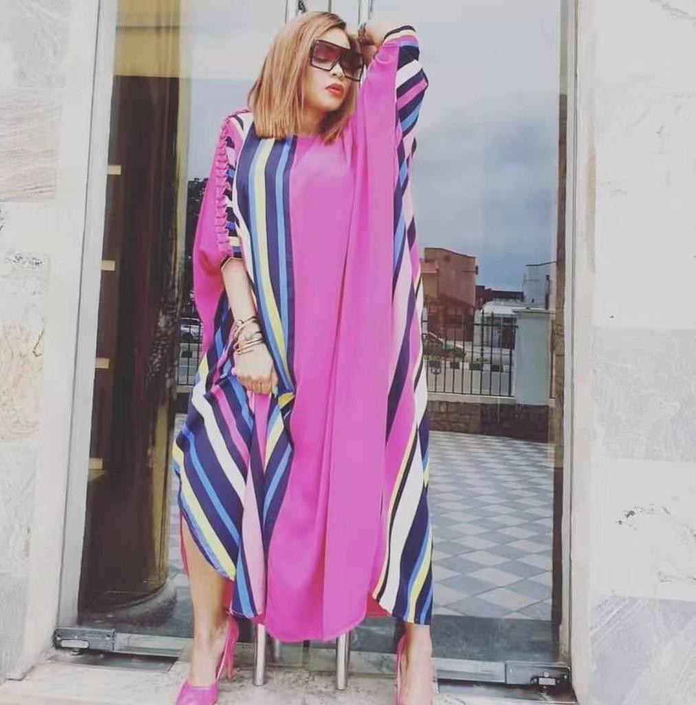 2022 African Plus Size Women's Vertical Stripe Print Sleeve Muslim Dress