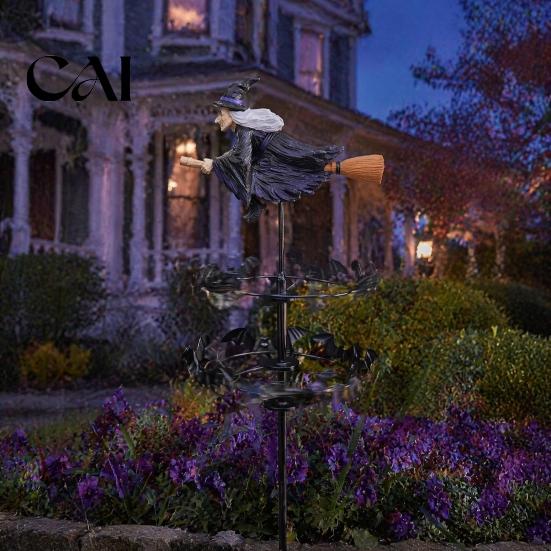 Halloween Outdoor Path Decor Witch Garden Wind Spinner, Resin Statue Stake, Spooky Bats Whimsical And Spinner for Yard Art Lawn Pathway Metal Catchers