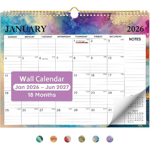 2026 Calendar, 18-Month Wall Calendar from Jan 2026 to Jun 2027, 11.5" x 14.7", Spiral Binding Hanging Monthly Calendar with Twin-Wire Binding,