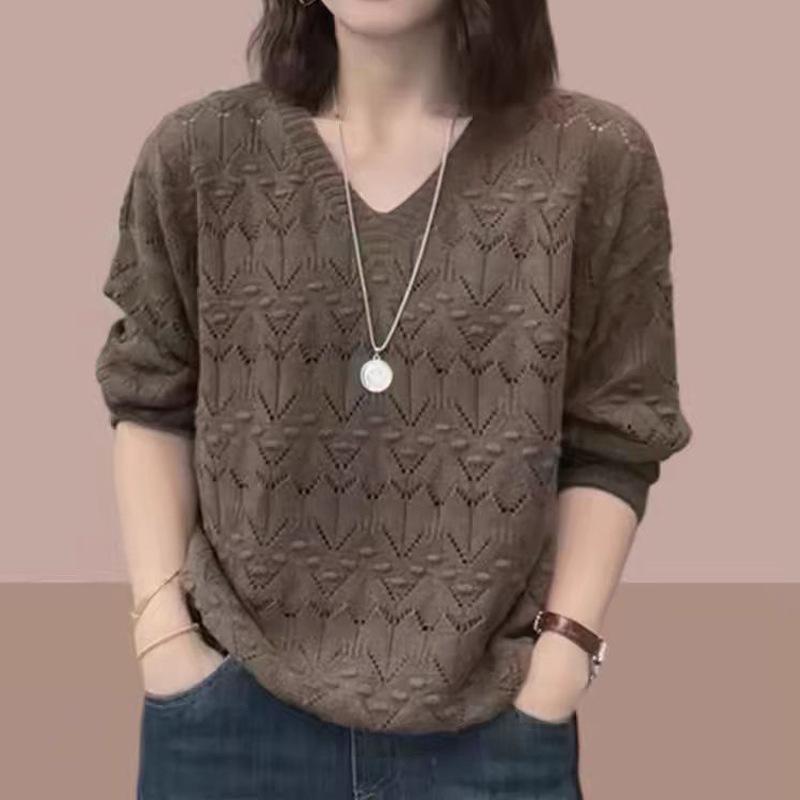 

Весенне-летний пуловер с V-образным вырезом, вязаный свитер для женщин, ажурный, с длинными рукавами, свободный свитер для женщин 3XL