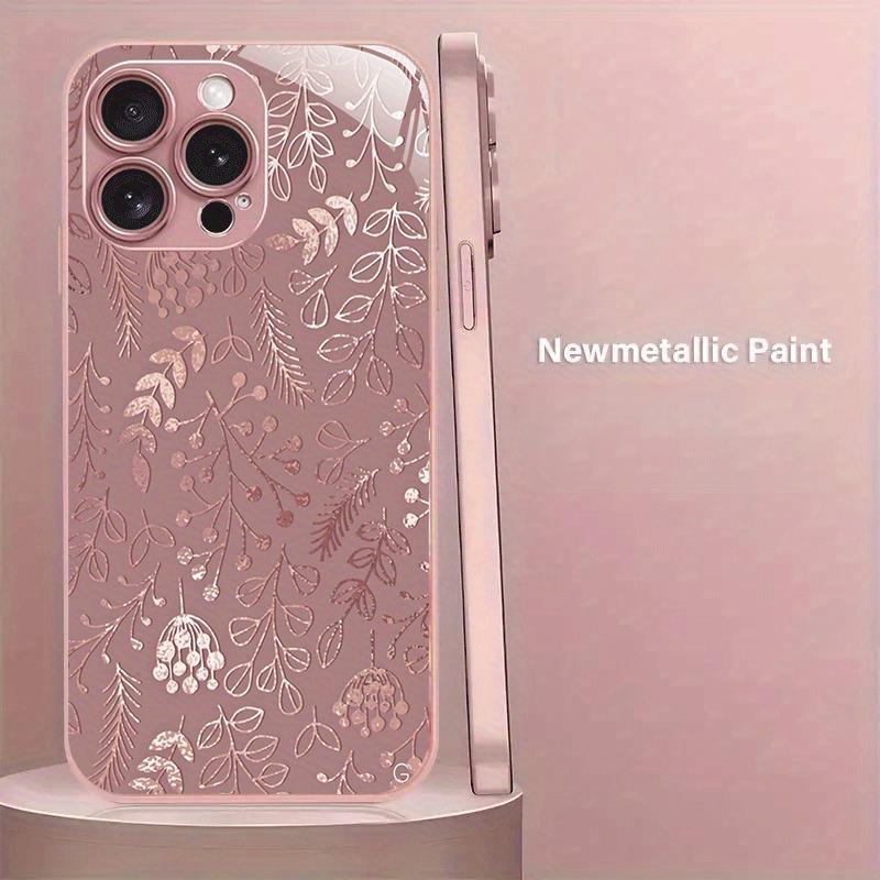 Kreatives Rosa Blumenpflanzen Muster Metallische Farbe Glas Handyhülle Für iPhone 11 12 13 14 15 16 17 Pro Max Plus 16E 17Air Hülle