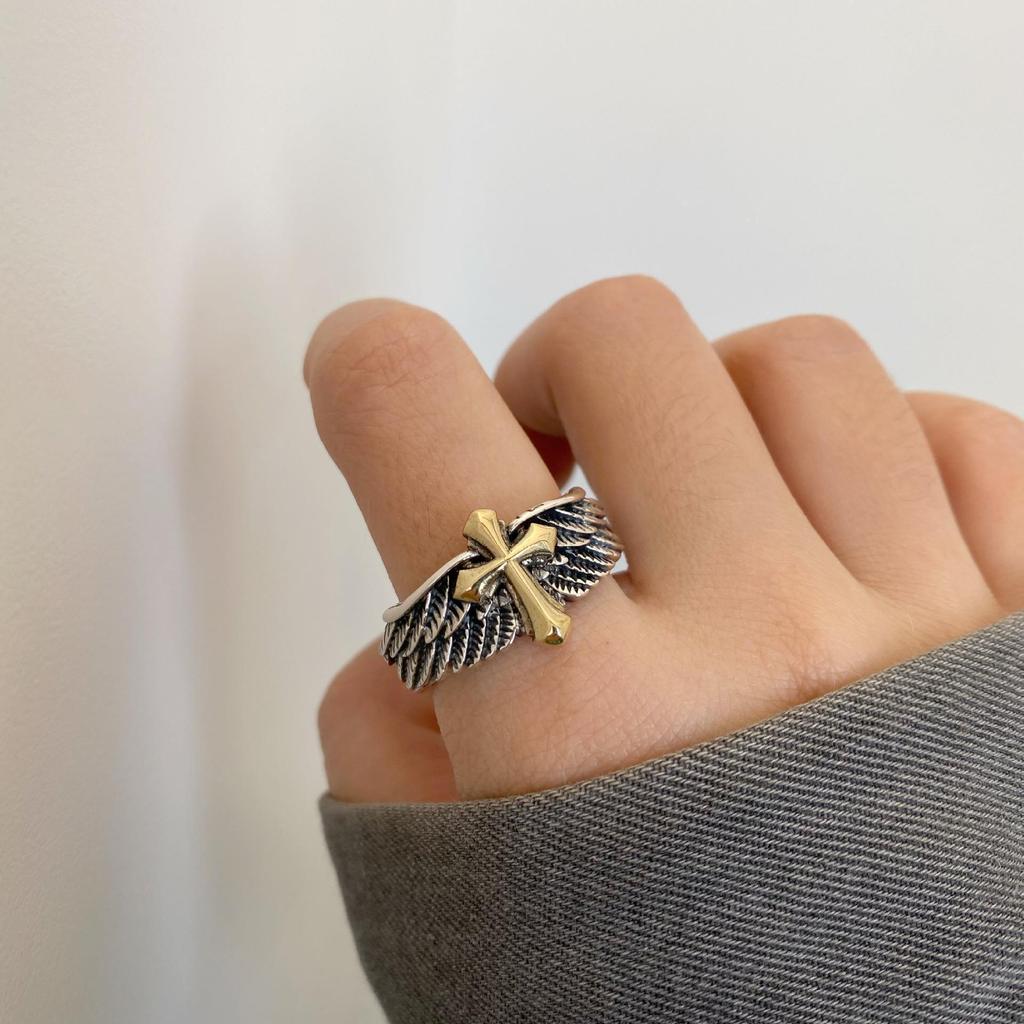 Retro Cross Feather Graffiti Ring For Men Punk Gothic Adjustable Ring Handmade Rock Hiphop Unisex Zircon Accessories Man Gift