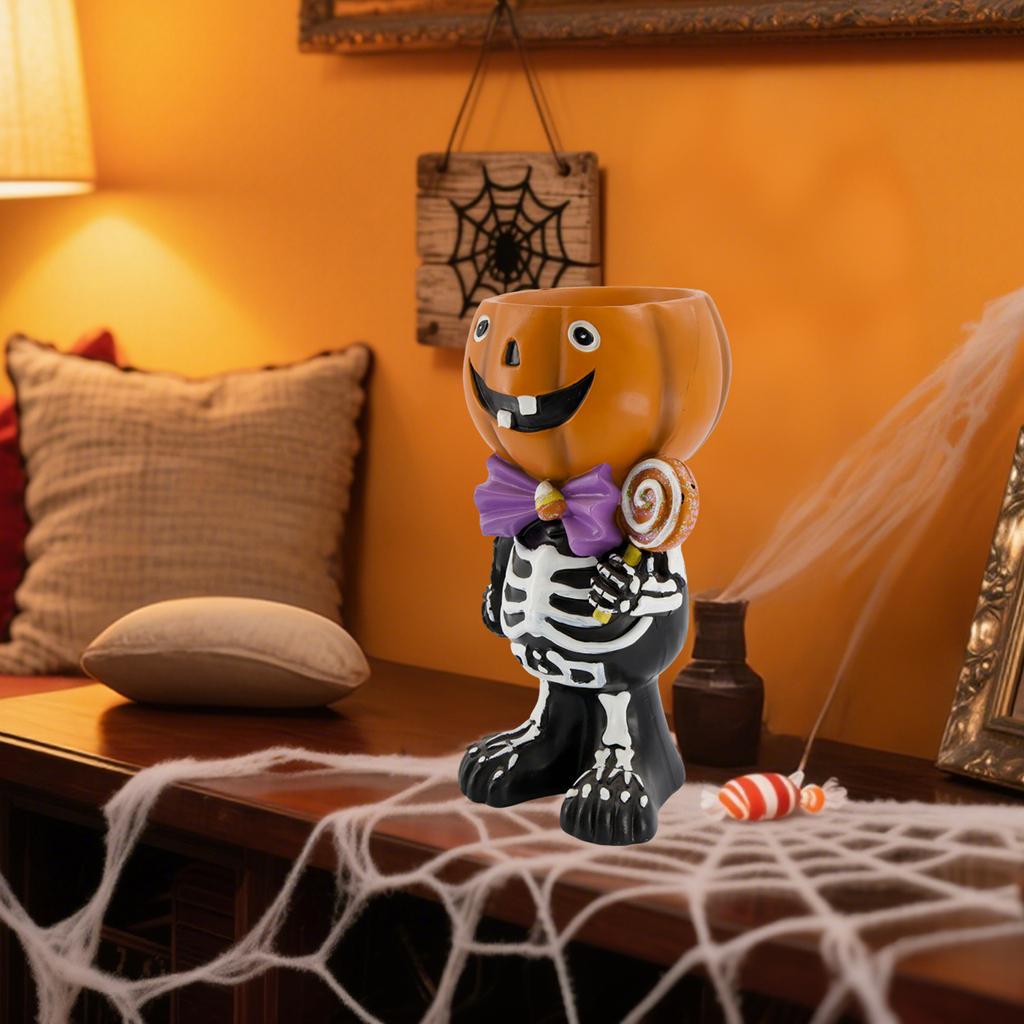 Halloween Resin Pumpkin Snack Jar, 11.02 Inches High, Halloween Pumpkinsculpture Statue Holding Lollipop, Snack Jar, Halloween Snack Jar