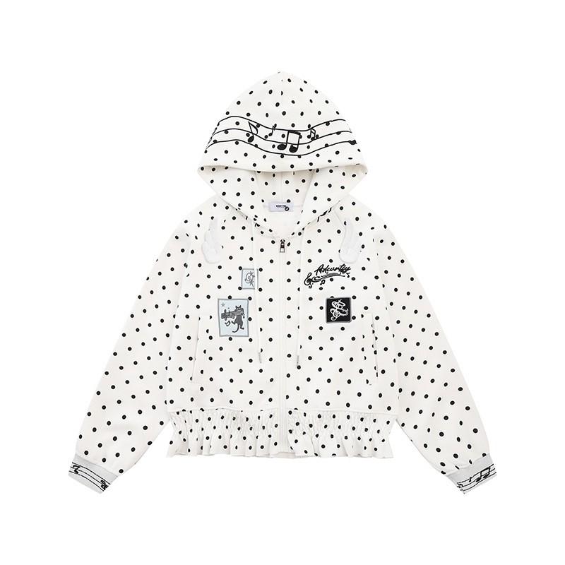 Vintage Polka Dot Embroidered Hoodie Loose Fit Casual Short Sweatshirt Women Streetwear