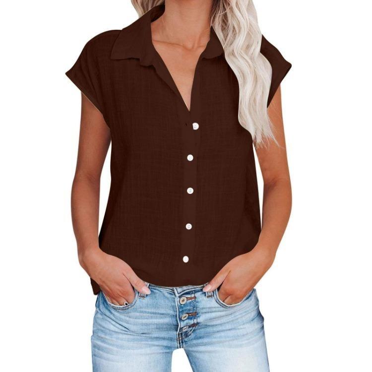 Women Casual Short Sleeve Shirt Summer Solid Color Lapel Top Single Breasted Blouse