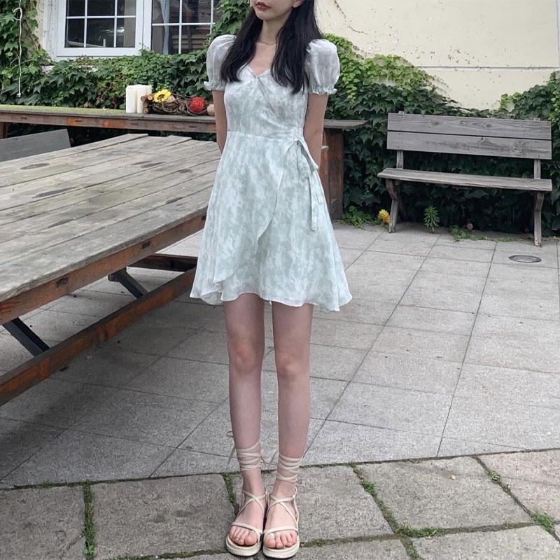 Sweet V-Neck Puff Sleeve Dresses Women's Broken Flowers Summer New Fashion Spliced Drawstring Elegant A-Line