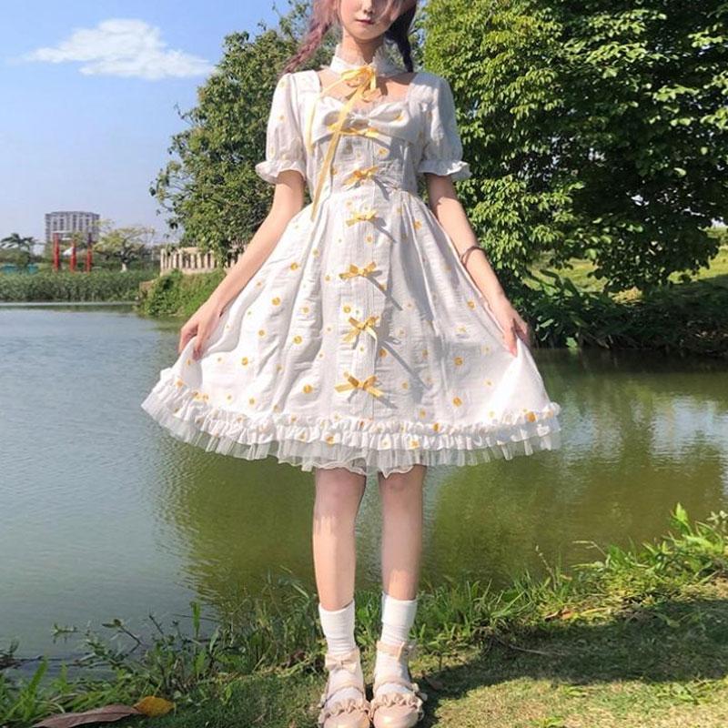 Daisy Sweet Big Bow Midi Dress Ruffles Summer Japan Style Lolita Women's Clothing Stylish Square Collar Waist Elastic Dresses