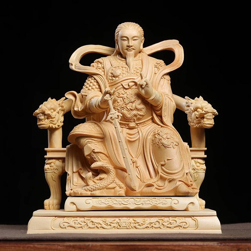 wood carving Zhen wu Emperor Taoism Character Statue Solid wood carving Luxury Home Living Room Wealth Luck Feng Shui Decor