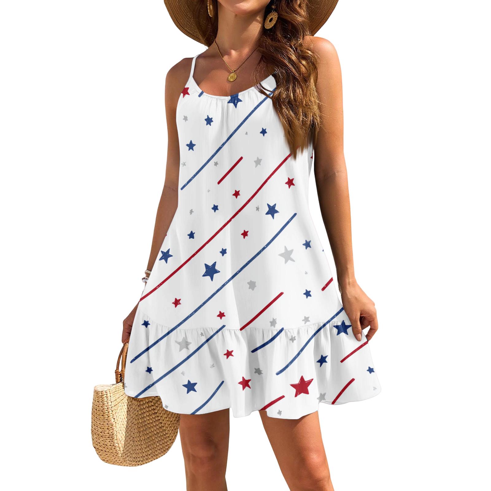 

Women s Sleeveless Sling Loose Casual Elegant Beach Independence Day Printed Dress XL білий