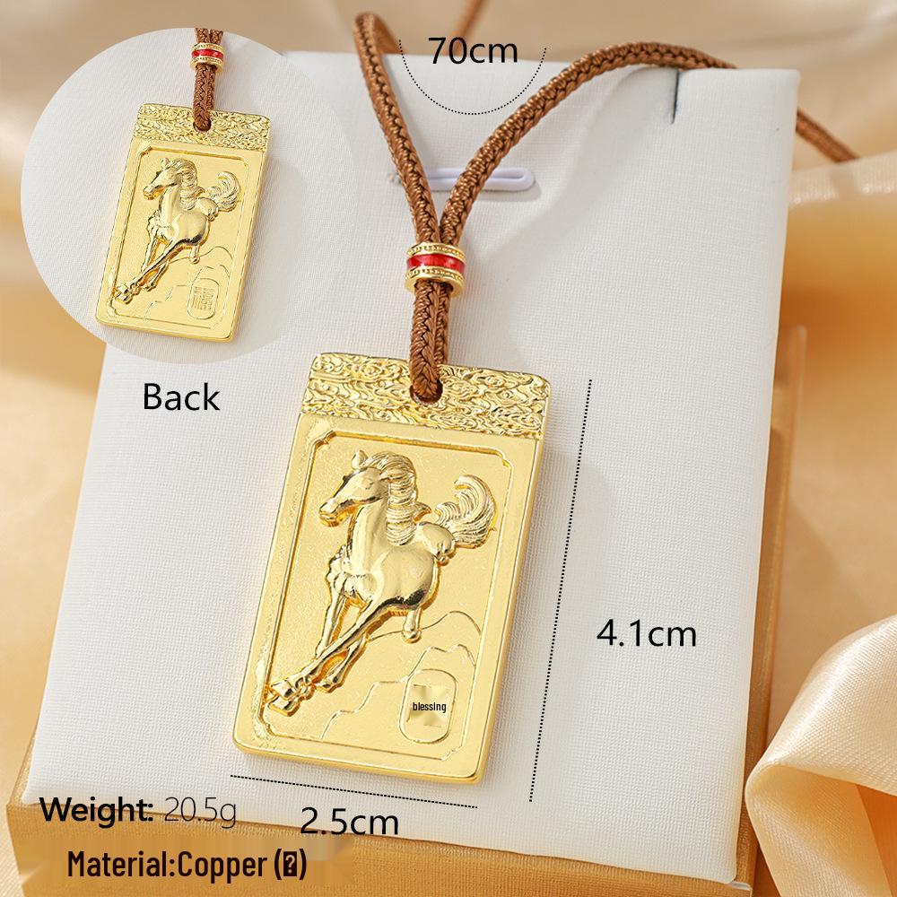 Gold Zodiac Horse Pendant - Auspicious Clouds Foal Unisex Square Accessory