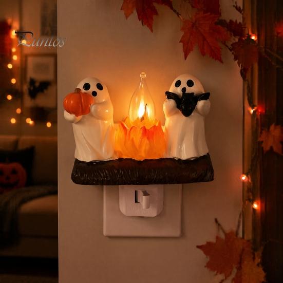 Steck-Nachtlicht Halloween Kürbis Geist mit Hexenhut, Harz Weiches Leuchten Geschenk für LED Schlafzimmerlicht, Gruselige Wandleuchte Party Heimbeleuchtung