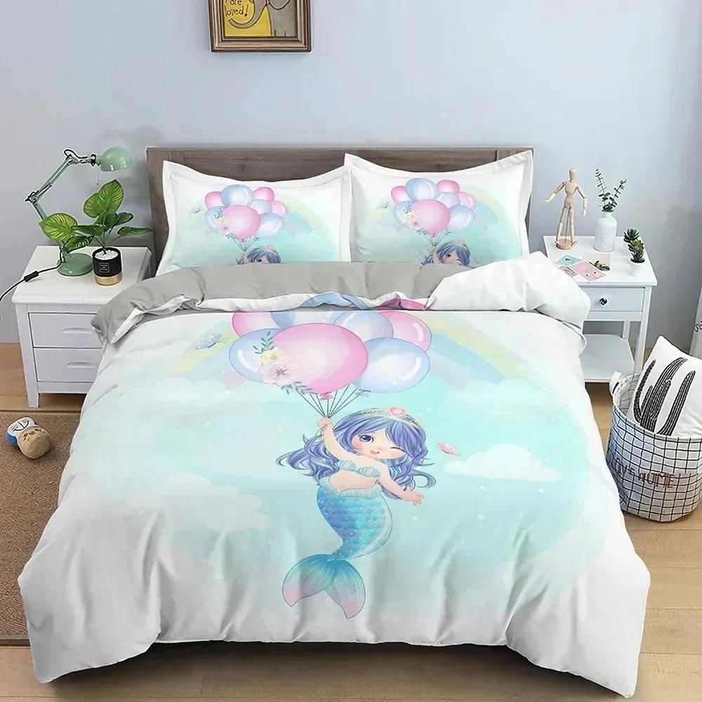 Cartoon Mermaid Pattern Duvet Cover Set Children Bedroom Decor Mermaid Bedding Set For Kids Single Twin Double Size Kids Gifts