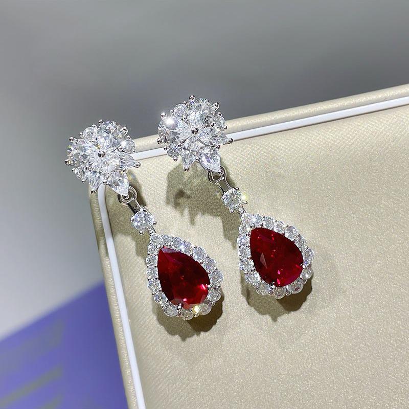 Hui Zhi Yi 2023 Silver Simulated Red Zircon Drop Earrings - European & American Trend