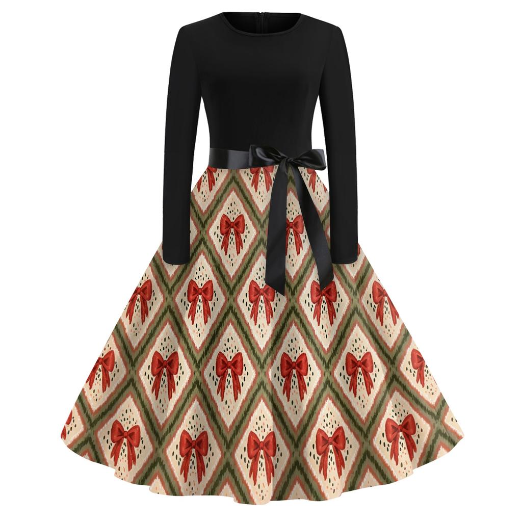 Women's Vintage Christmas Print Long Sleeve Round Neck Party Dress for Holiday Parties
