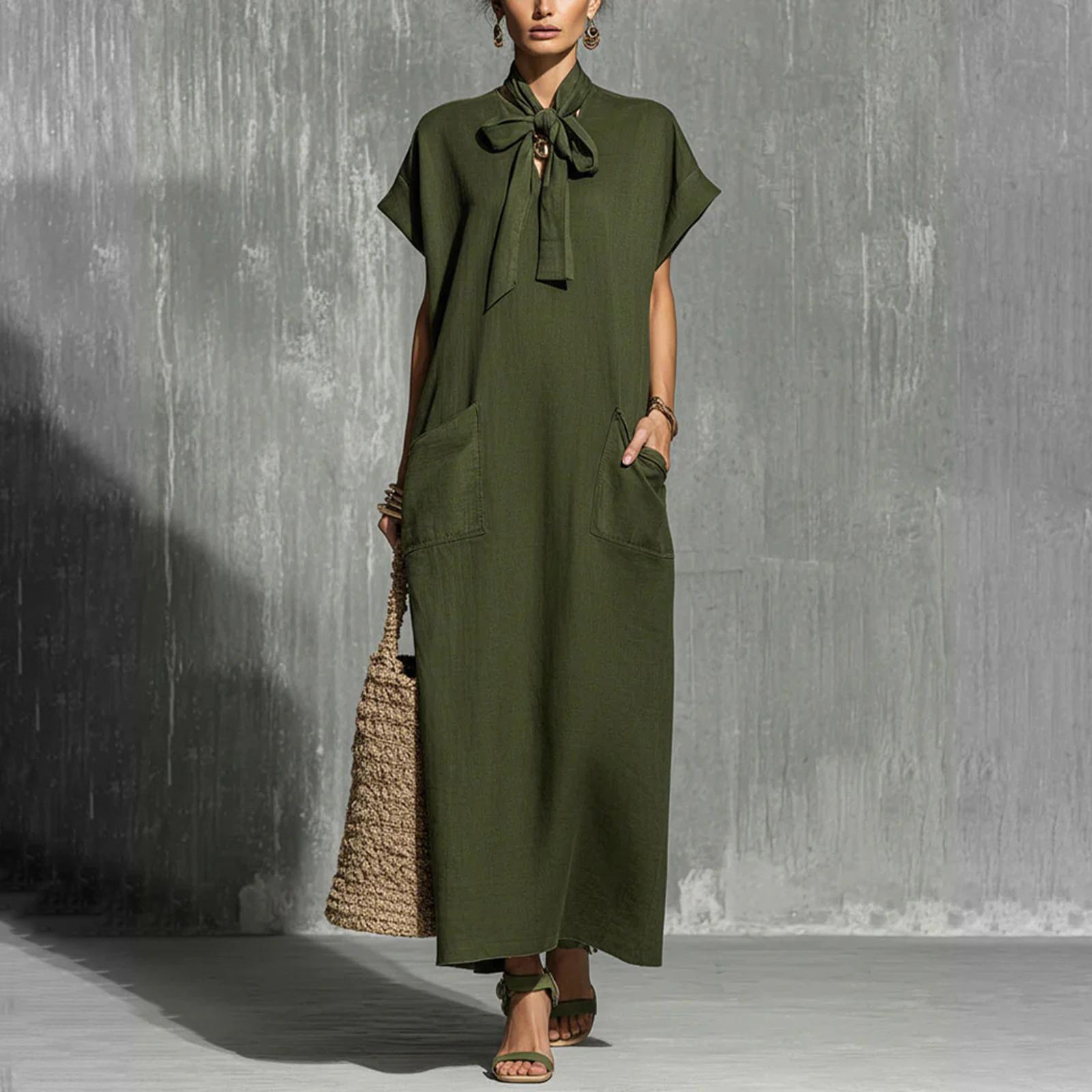 

Модное повседневное женское платье с V-образным вырезом, короткими рукавами и свободным кроем L армия зеленый