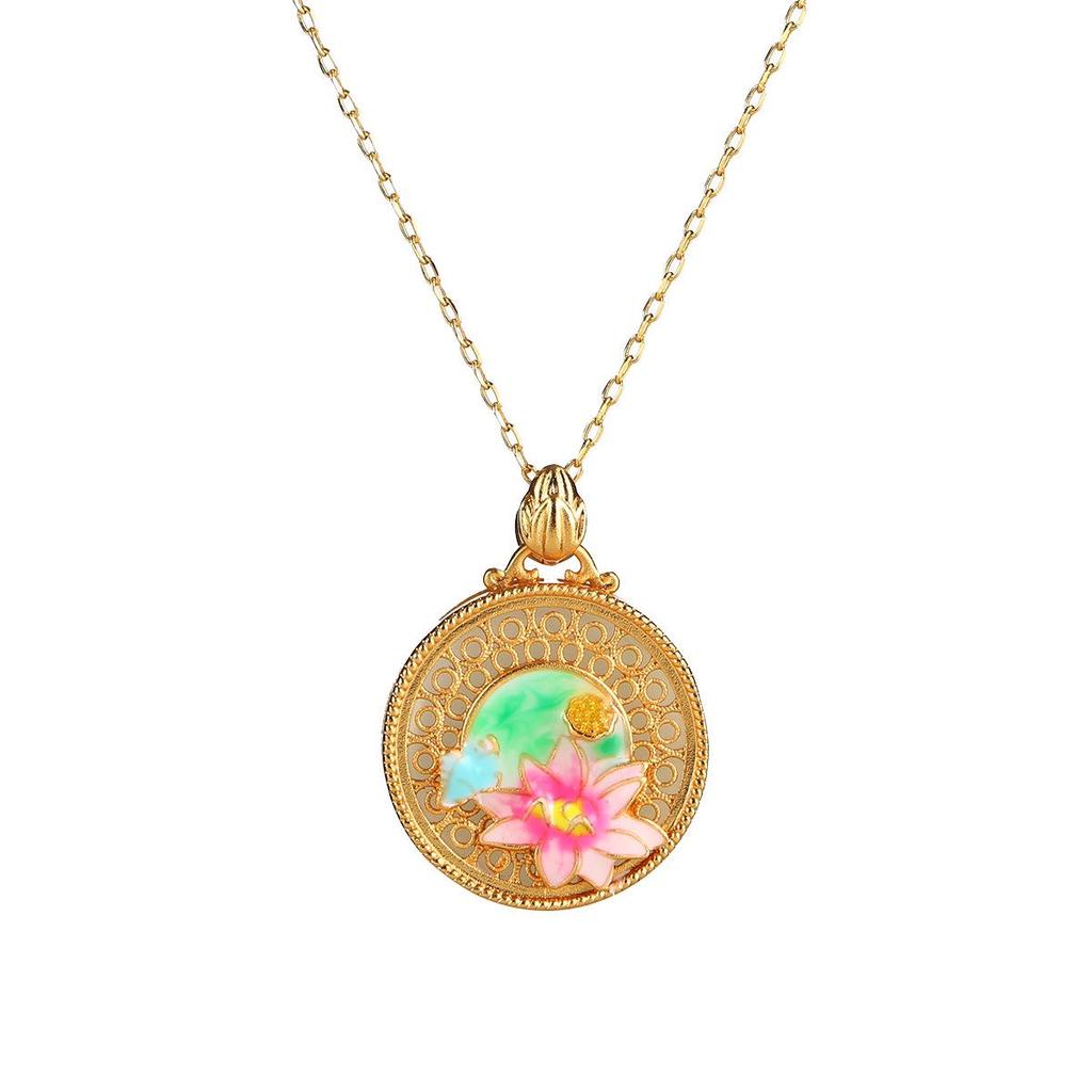 Chinese Lotus Enamel Pendant Necklace: Vintage Style, Hollow Design, Clavicle Chain, High-End.