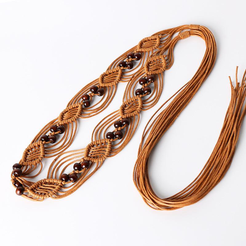 

Bohemian Woven Waist Belt For Dresses With Tie Closure And Fringe Detailing For Spring 2025 коричневий
