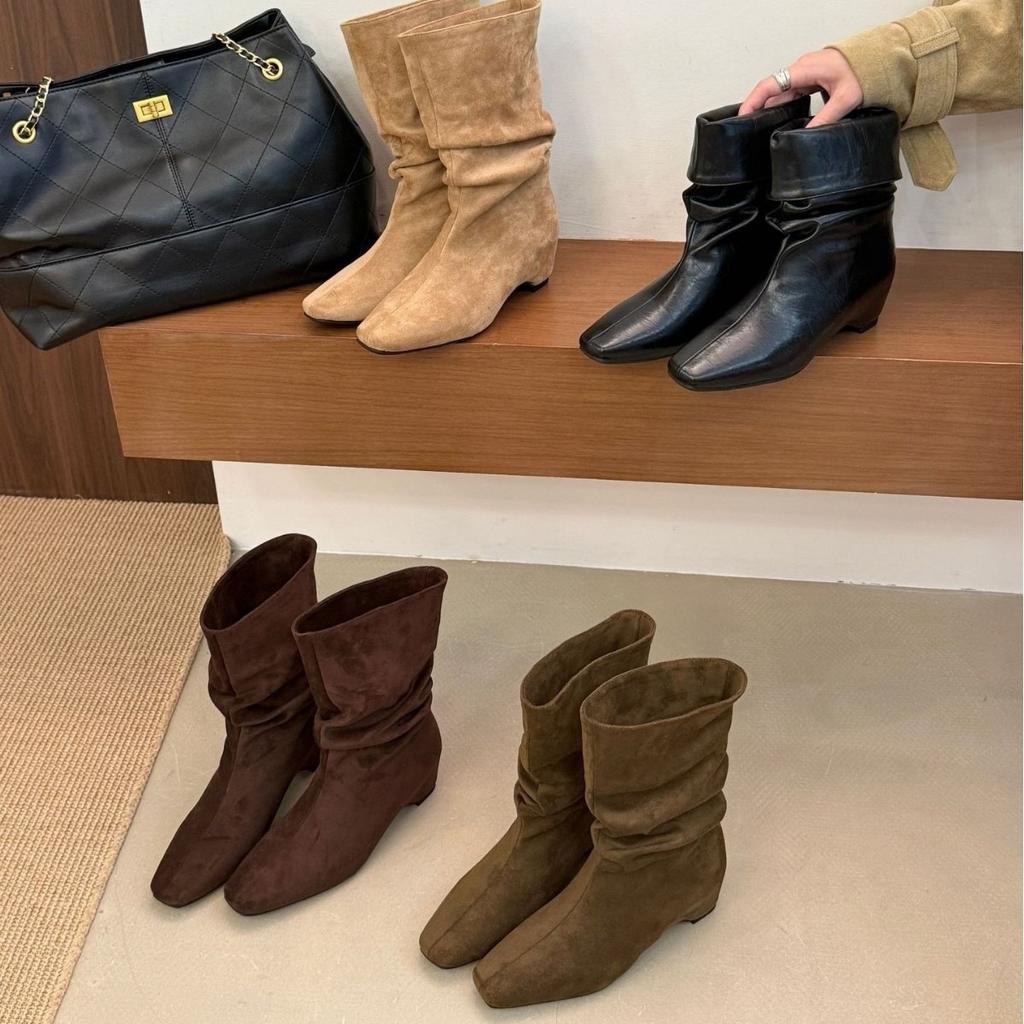 Autumn and winter new mid-heel stacking boots for women, khaki mid-tube inner height-increasing square-head Martin boots for women