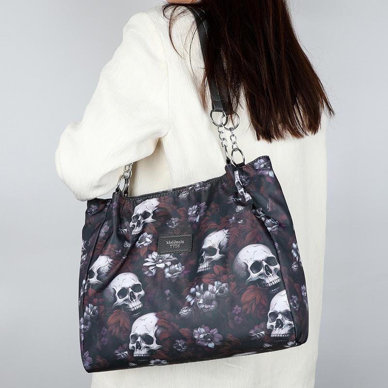 Vintage Gothic Waterproof Oxford Shoulder Bag Aesthetic Skull Print Purses Women Handbag Large Capacity Messenger Totes MIT