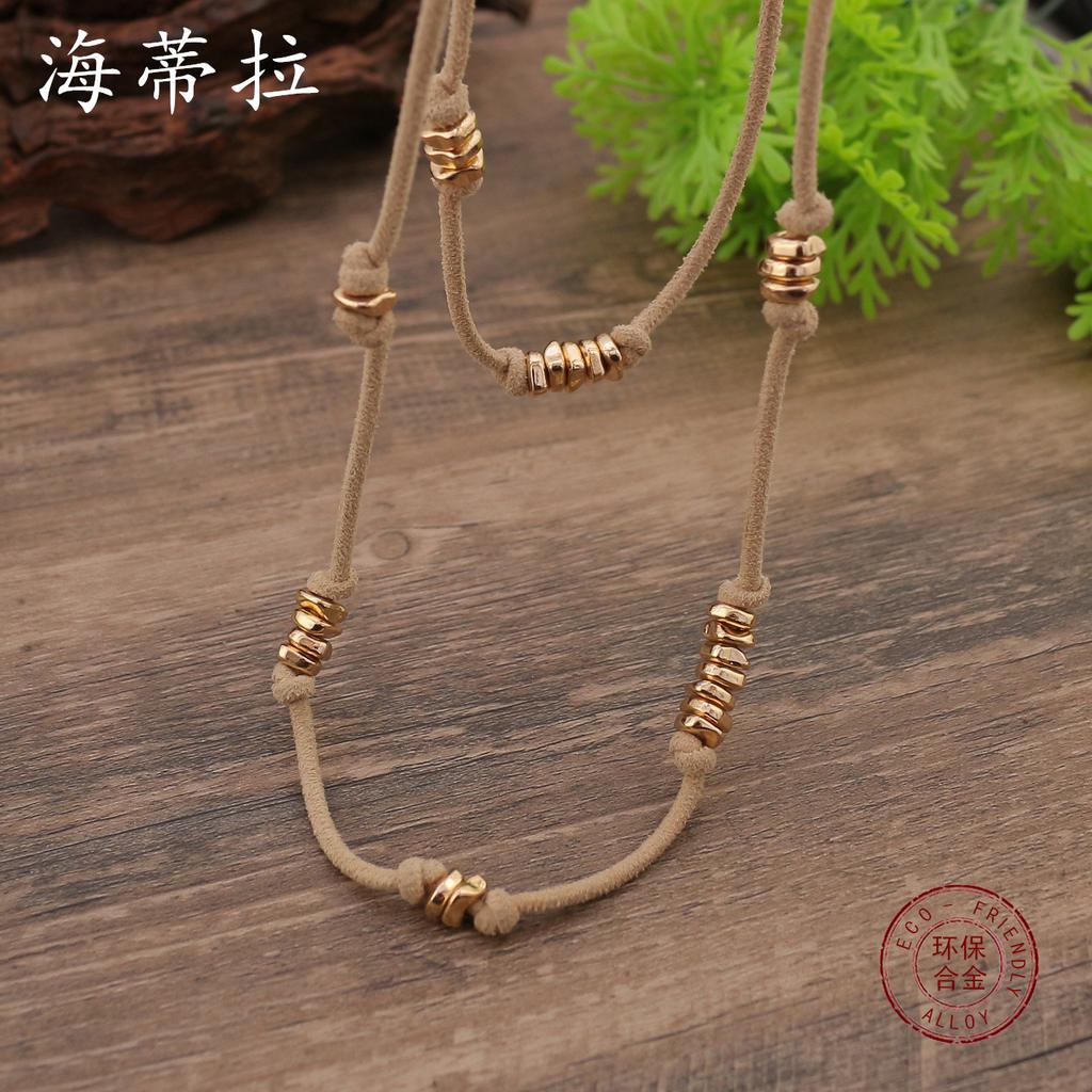 New retro leather rope metal beaded cable long necklace, women's bohemian leather rope necklace