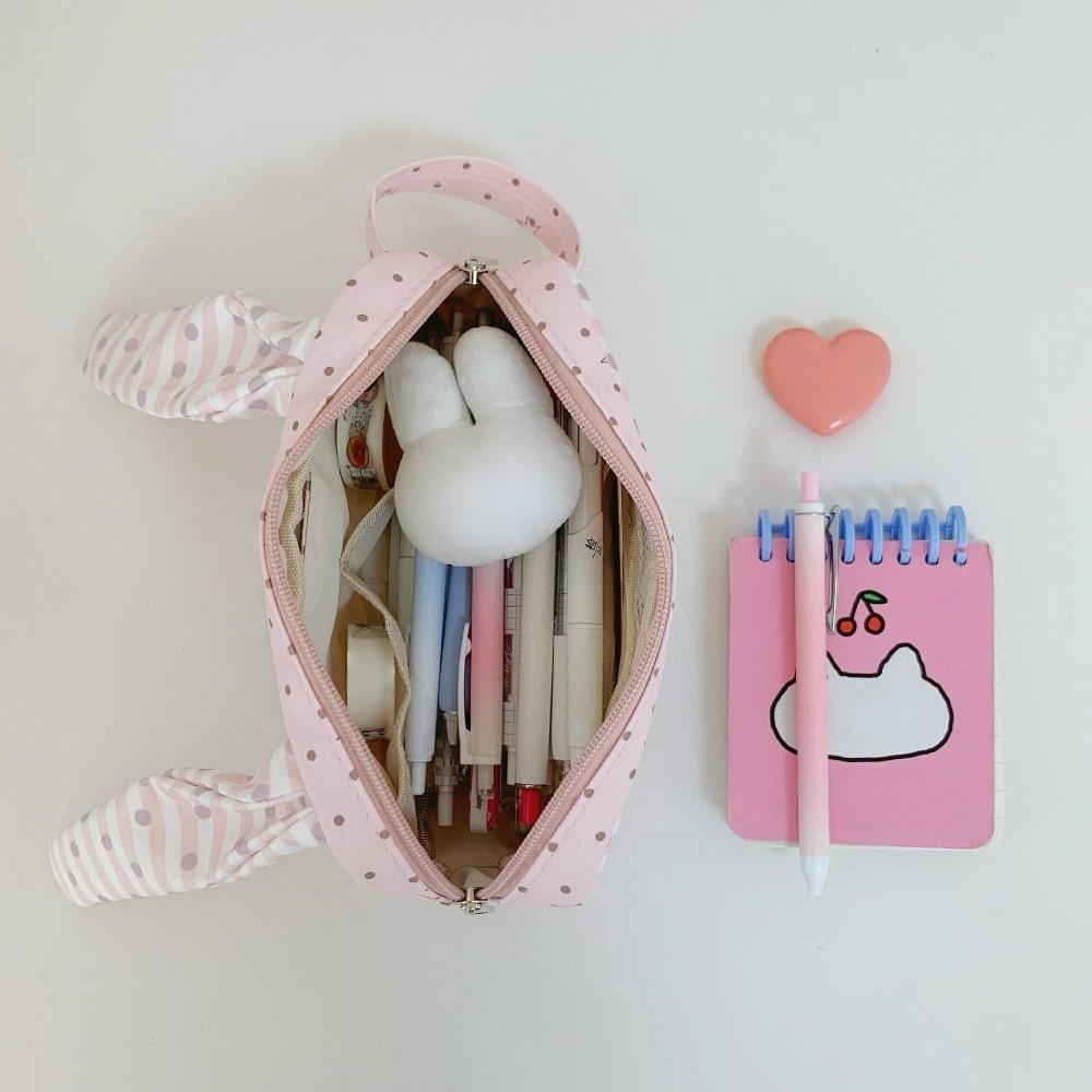 Polka Dot Print Korean Style Pen Bag Rabbit Big Ear Cloth Stationery Bag Pencil Pouch  School