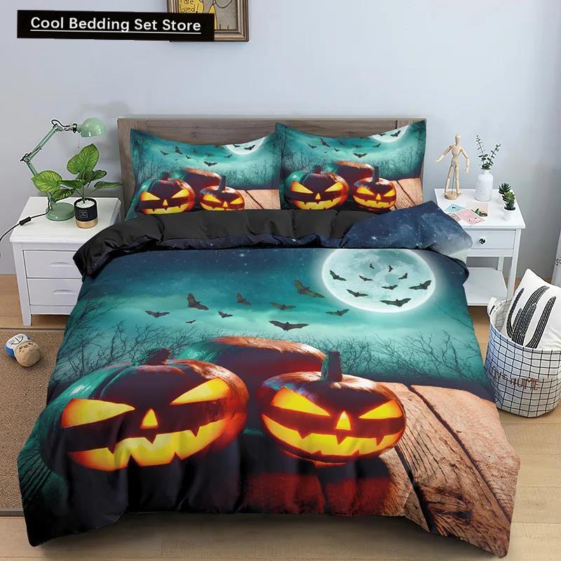 Happy Halloween King Queen Duvet Cover Orange Pumpkin Bedding Set Kids Teens Adults Bats Horror Festival Polyester Quilt Cover