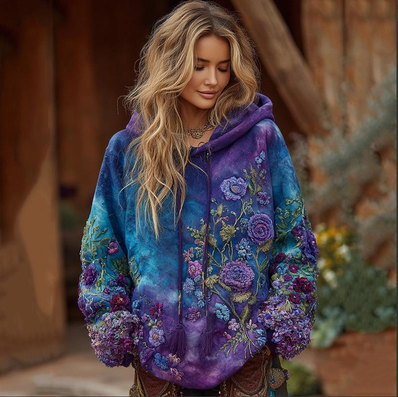 Women's Hooded Long Sleeve Sweatshirt Regular Fit Vintage Style 3D Digital Printed Thick Pullover Hoodie Bohemian Winter Casual Top