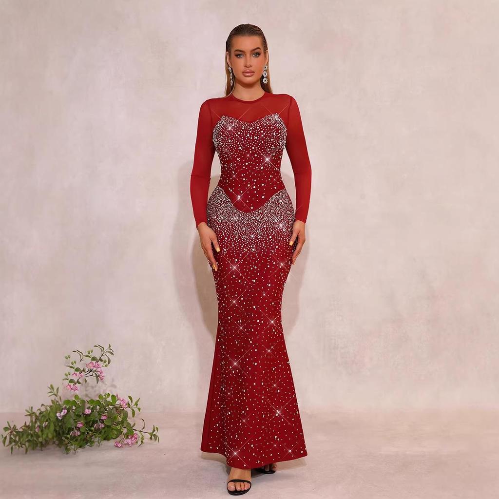 Elegant Mesh Rhinestone Bodycon Bandage Dress with Long Sleeves