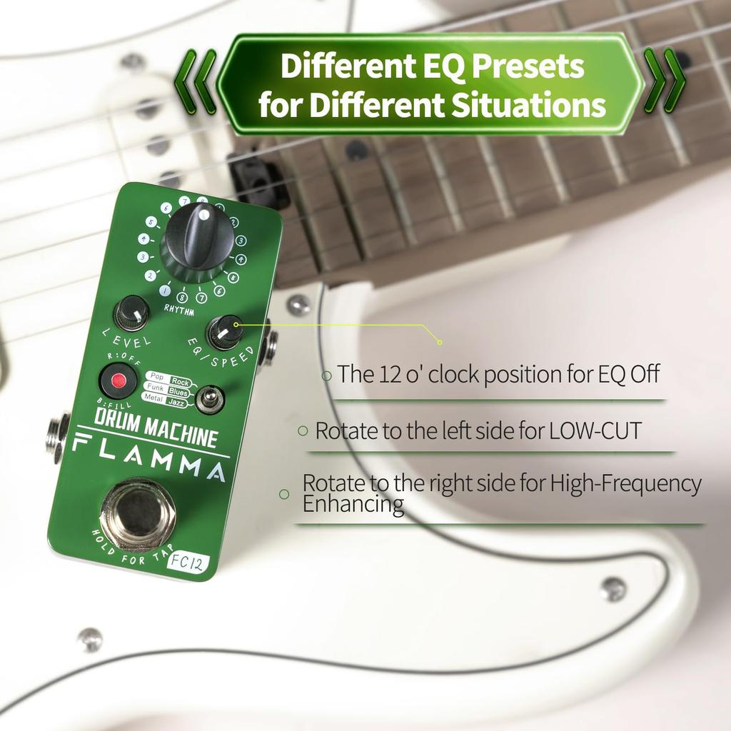 FLAMMA FC12 Drum Machine with FILL Function Guitar Drummer Pedal 6 Types of Music Up To 48 Drum Grooves Tap Tempo EQ Preset Drummer Green Real-time