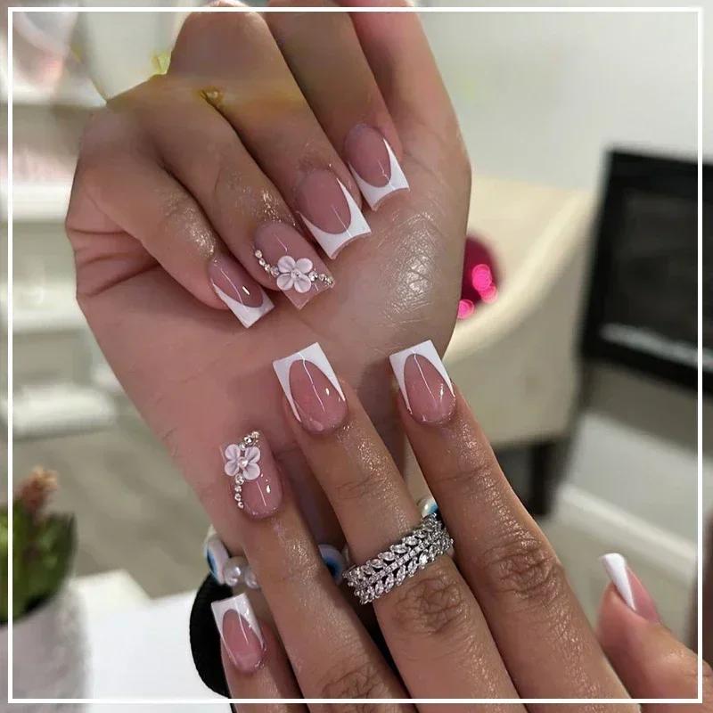 24 Piezas de Uñas Francesas Cuadradas Cortas Postizas Rosadas Acrílicas con Lazo de Perla Puntas de Uña de Cobertura Completa Extraíbles