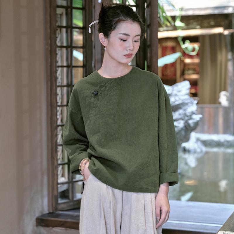 

Женские топы весна/лето 2024 года в китайском стиле ретро из хлопка и льна с пришитыми вручную пуговицами One Size темно-зеленого