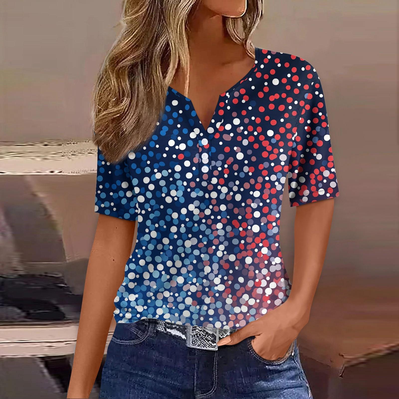 

Women s Fashion Casual Independence Day Print V-neck Short Sleeve Decorated Button T-shirt Top S синий