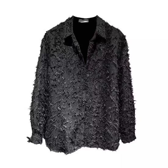Men Shirt Long Sleeve Solid Color Fuzzy Tassel Button-down Cardigan Mid Length