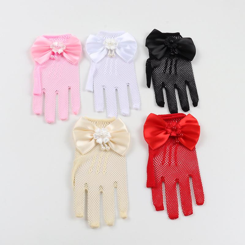 Flower Girl Wedding Gloves - Princess Bow Elastic Fishnet for Toddlers & Kindergarten Performances