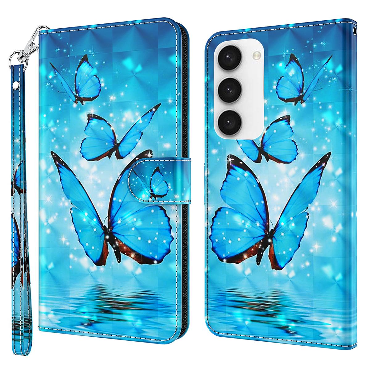 

For Samsung Galaxy S24 Leather Phone Case Flip Wallet 3D Pattern Printing Cover Blue Butterflies