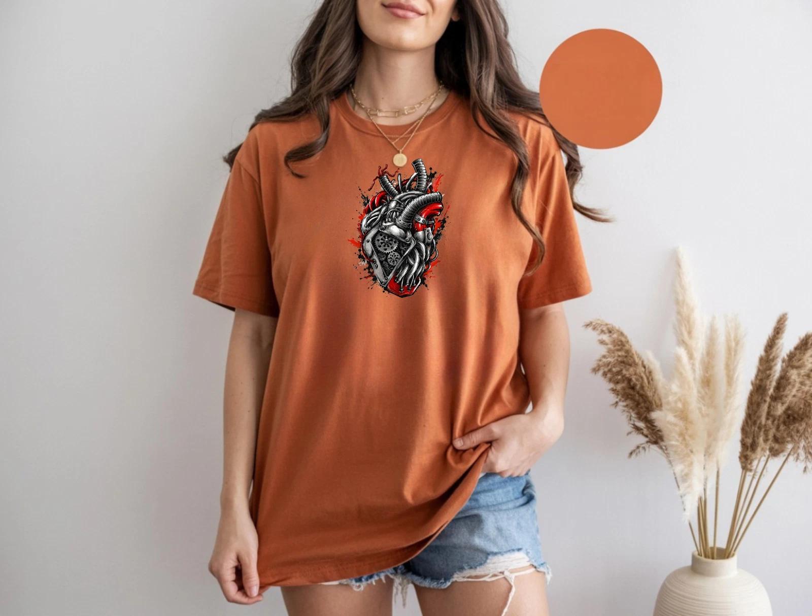 Mechanical Heart T-Shirt Cyberpunk Engine Graphic Tee Steampunk Style Shirt S