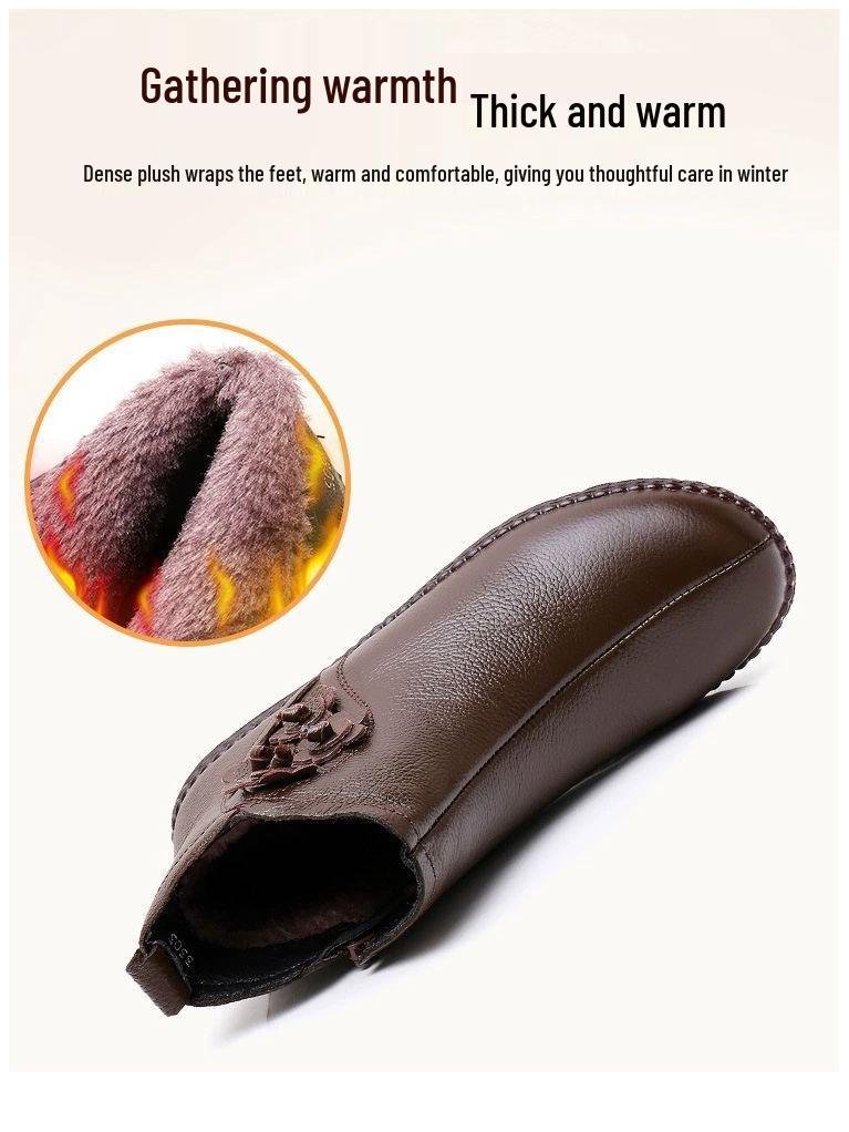 Women's Genuine Leather Winter Plush Ankle Boots - Comfortable, Non-Slip, Soft Flat Bottom for Middle-Aged & Elderly