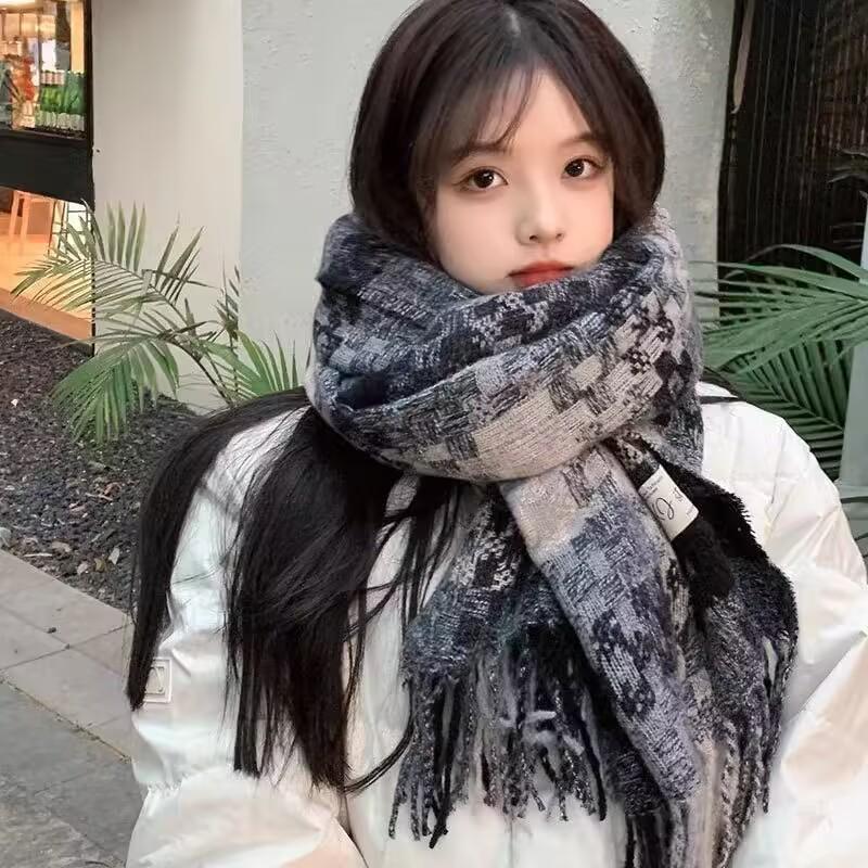 Korean Style Withered Rose Plaid Imitation Cashmere Scarf - Women's Winter Christmas Red Shawl