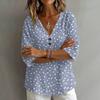 T-shirt da donna con scollo a V, stampa floreale vintage, vestibilità ampia, manica corta, misto lino, top casual con dettaglio a bottone