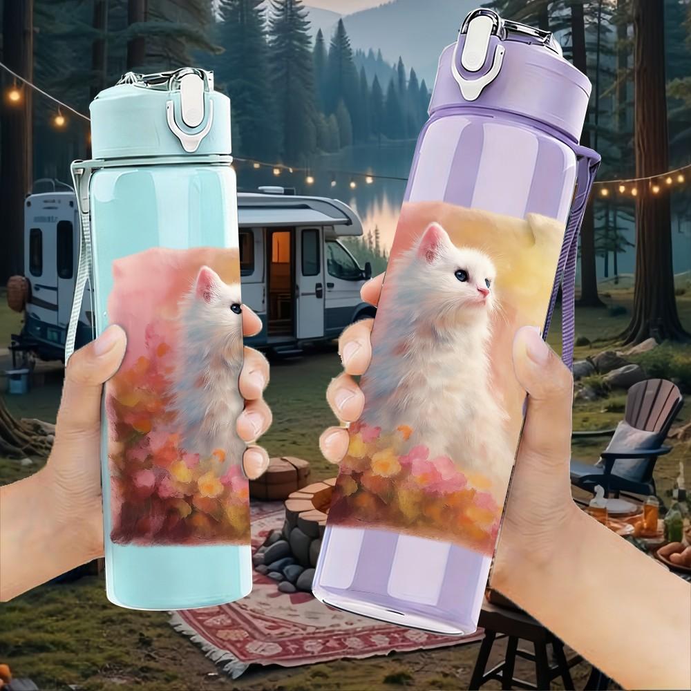 1PC White Cat Floral Soft Art 750ml Color Plastic Sports Water Bottle Leakproof Flip Straw Lid Suitable for Sports Office Home Use