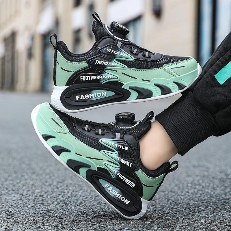 Chłopięce 2025 Skórzane Siateczkowe Oddychające Antypoślizgowe Buty do Biegania z Pokrętłem